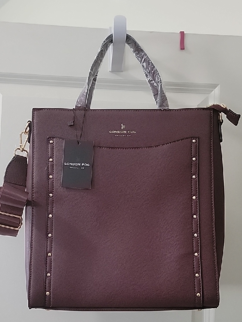 London Fog Plum Tote with Stud-Trim